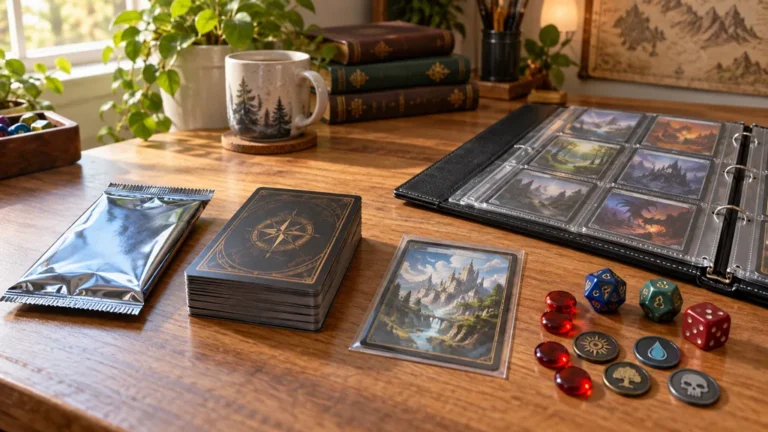 Deck générique, booster scellé, carte protégée et classeur de cartes à collectionner sur une table