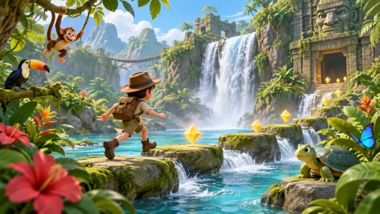 Explorateur progressant sur des rochers dans une jungle tropicale avec cascade et animaux