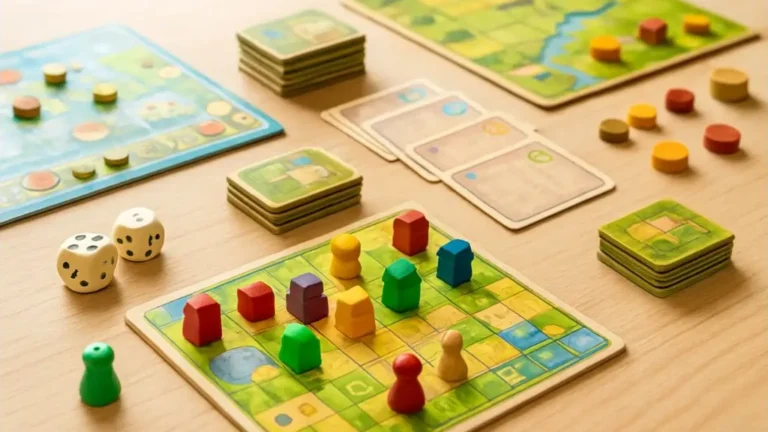 Plateaux, cartes, dés et pions colorés disposés pour une sélection de jeux de société