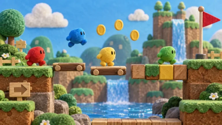 Quatre mascottes colorées traversant un diorama de jeu de plateforme avec blocs et pièces