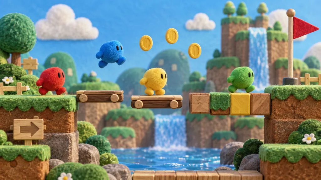 Quatre mascottes colorées traversant un diorama de jeu de plateforme avec blocs et pièces