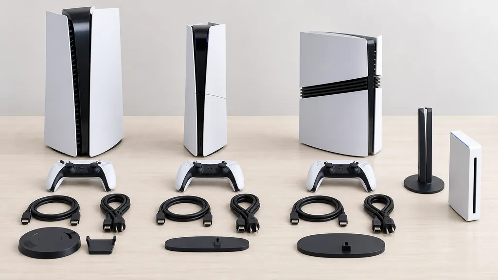 Illustration comparative de consoles blanches, manettes, câbles et supports