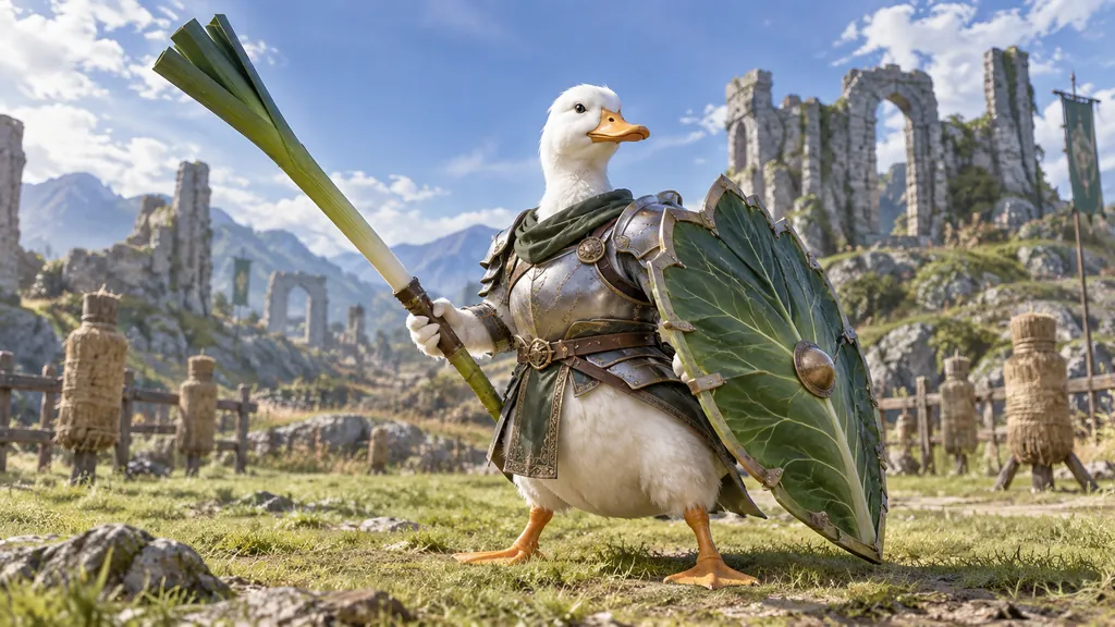 Canard chevalier blanc tenant une longue lance de poireau et un bouclier végétal sur un terrain d’entraînement