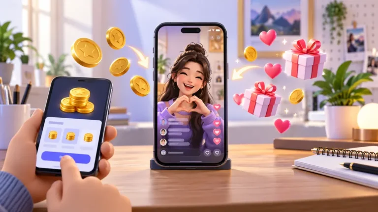 Téléphones affichant une diffusion en direct avec pièces virtuelles et cadeaux