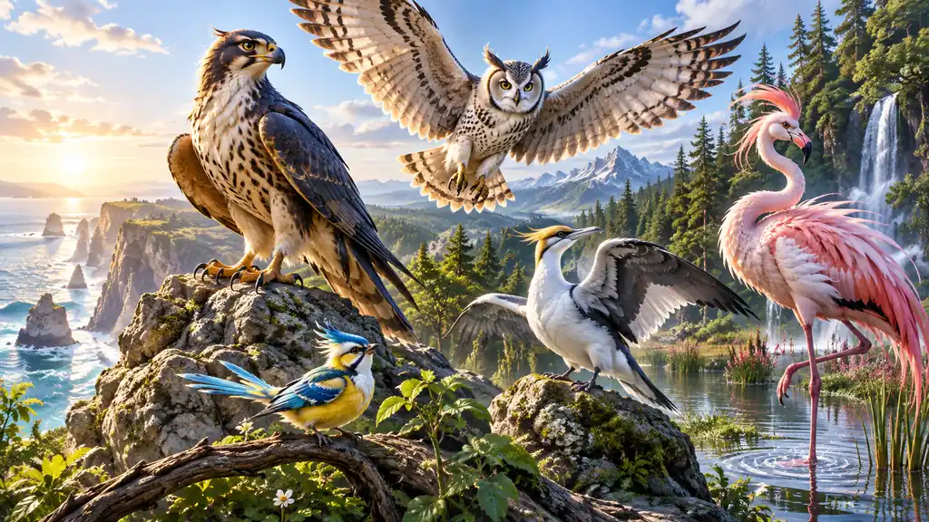 Sélection d’oiseaux composée d’un rapace, d’une chouette, d’un oiseau marin, d’un flamant et d’un petit passereau