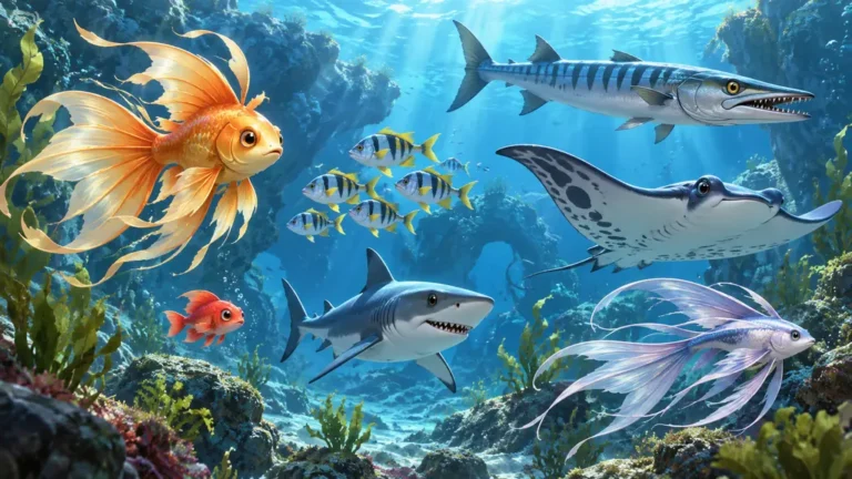 Créatures de jeu inspirées de poissons nageant ensemble dans un décor sous-marin