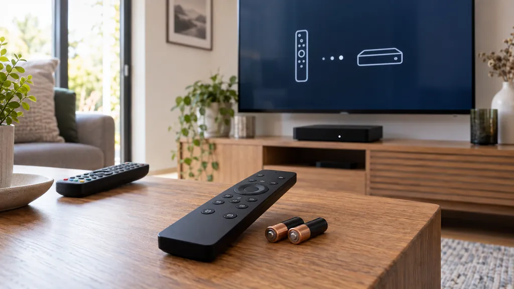 Deux télécommandes TV avec piles neuves devant un Player affichant un écran d’association