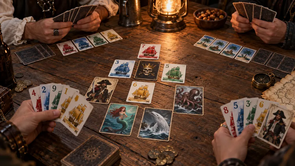 Partie de Skull King illustrée par des cartes de plis pirates, sirène, kraken et baleine sur une table
