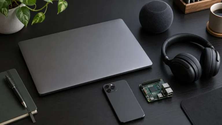 Ordinateur portable, smartphone, casque, enceinte et carte électronique sur un bureau sombre