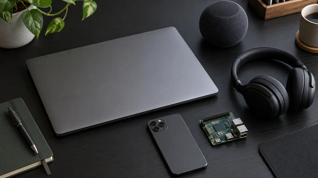 Ordinateur portable, smartphone, casque, enceinte et carte électronique sur un bureau sombre