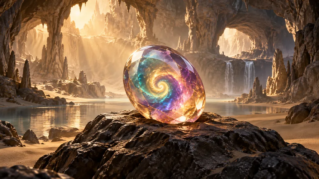 Gemme multicolore en spirale posée sur un rocher dans une caverne