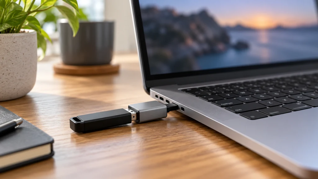 Clé USB branchée sur un ordinateur portable Mac posé sur un bureau